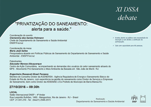 Privatização do saneamento em debate na ENSP nesta quinta-feira (27/10)