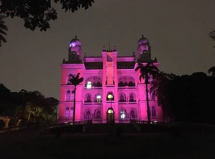 Castelo Fiocruz iluminado de rosa