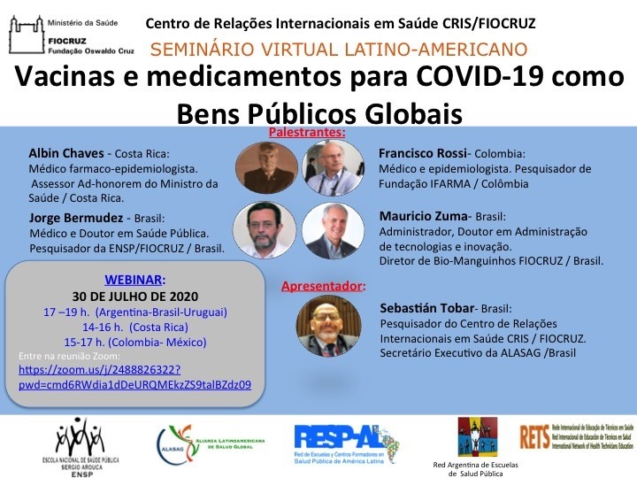 Webinar sobre vacinas e medicamentos para Covid-19 com pesquisadores de Costa Rica, Colômbia e Brasil