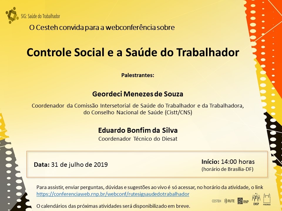 Webconferência debaterá controle social e Saúde do Trabalhador nesta quarta-feira (31/7)